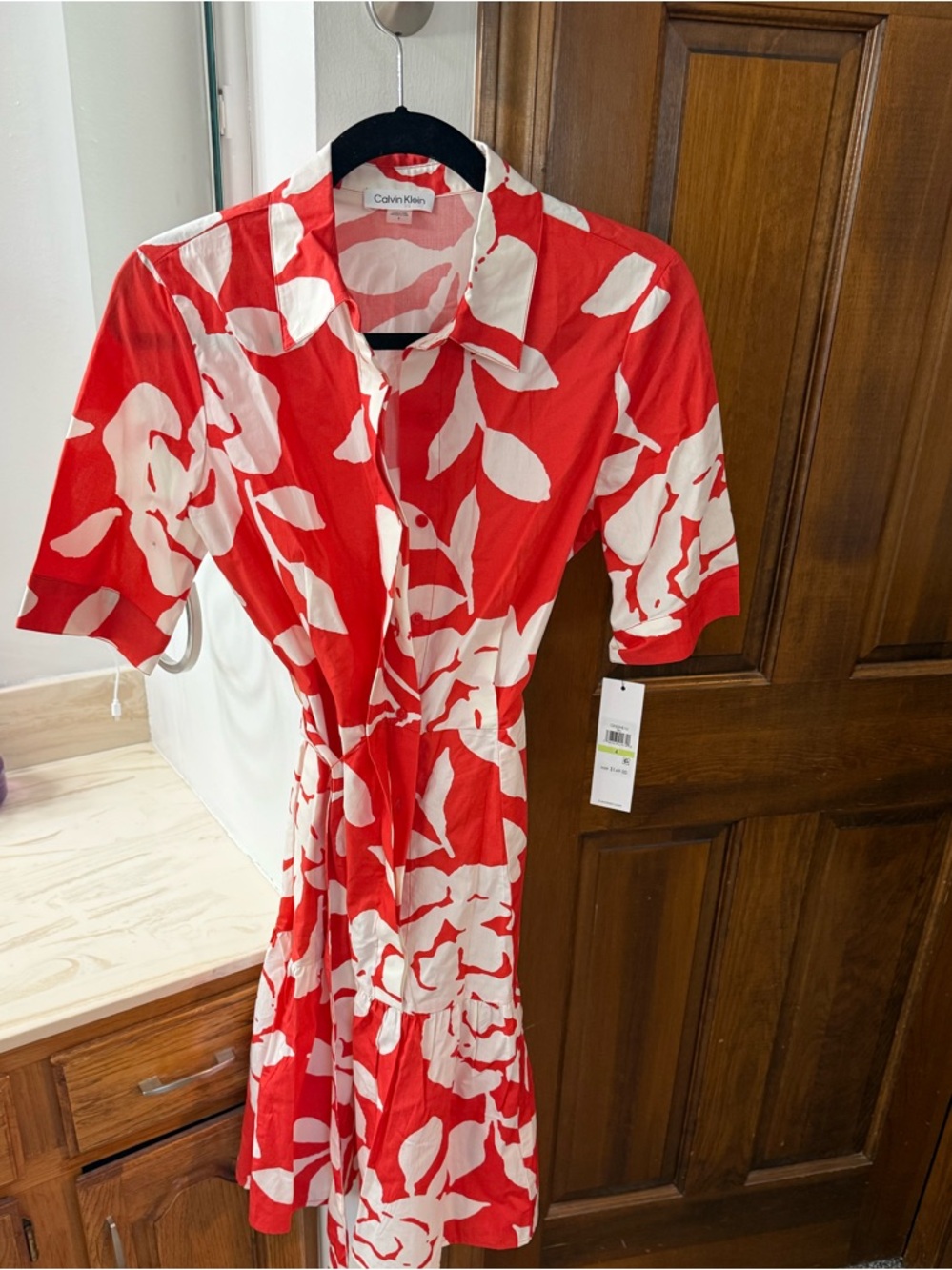 Calvin Klein Red and White Floral Tie-Waist Mini Dress